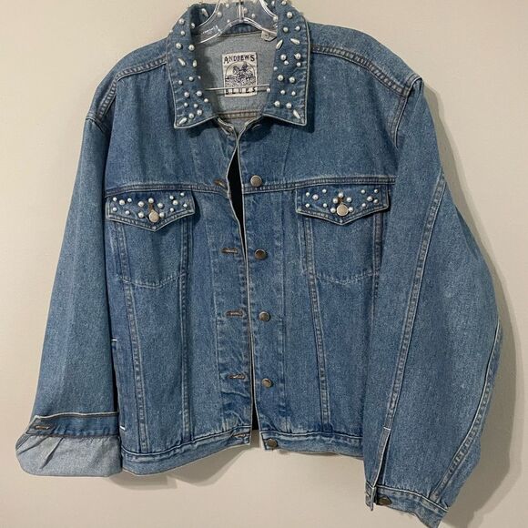 Andrew’s Blues Vintage Pearl Studded Oversized Jean Denim Jacket - Picture 2 of 16